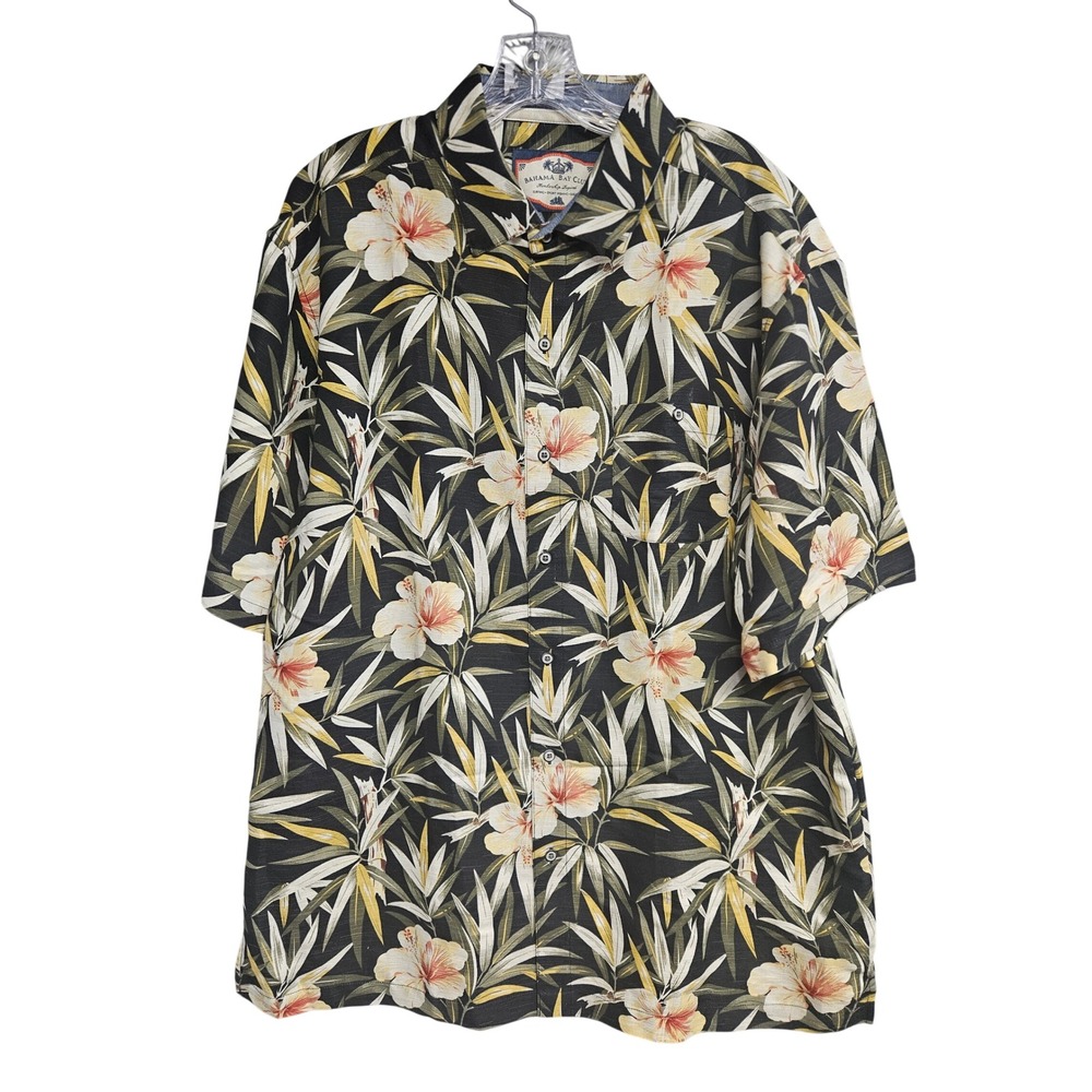 Bahama Bay Club Mens Short Sleeve Tropical Hibiscus Floral Shirt Black XL